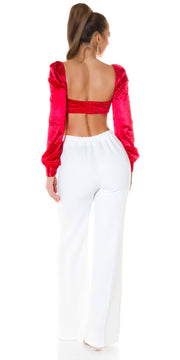 Top corto Clara manga larga Rojo con Escote Fruncido