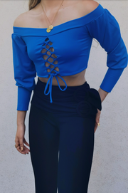 Top Rosanny Azul royal  manga larga con escote cruzado