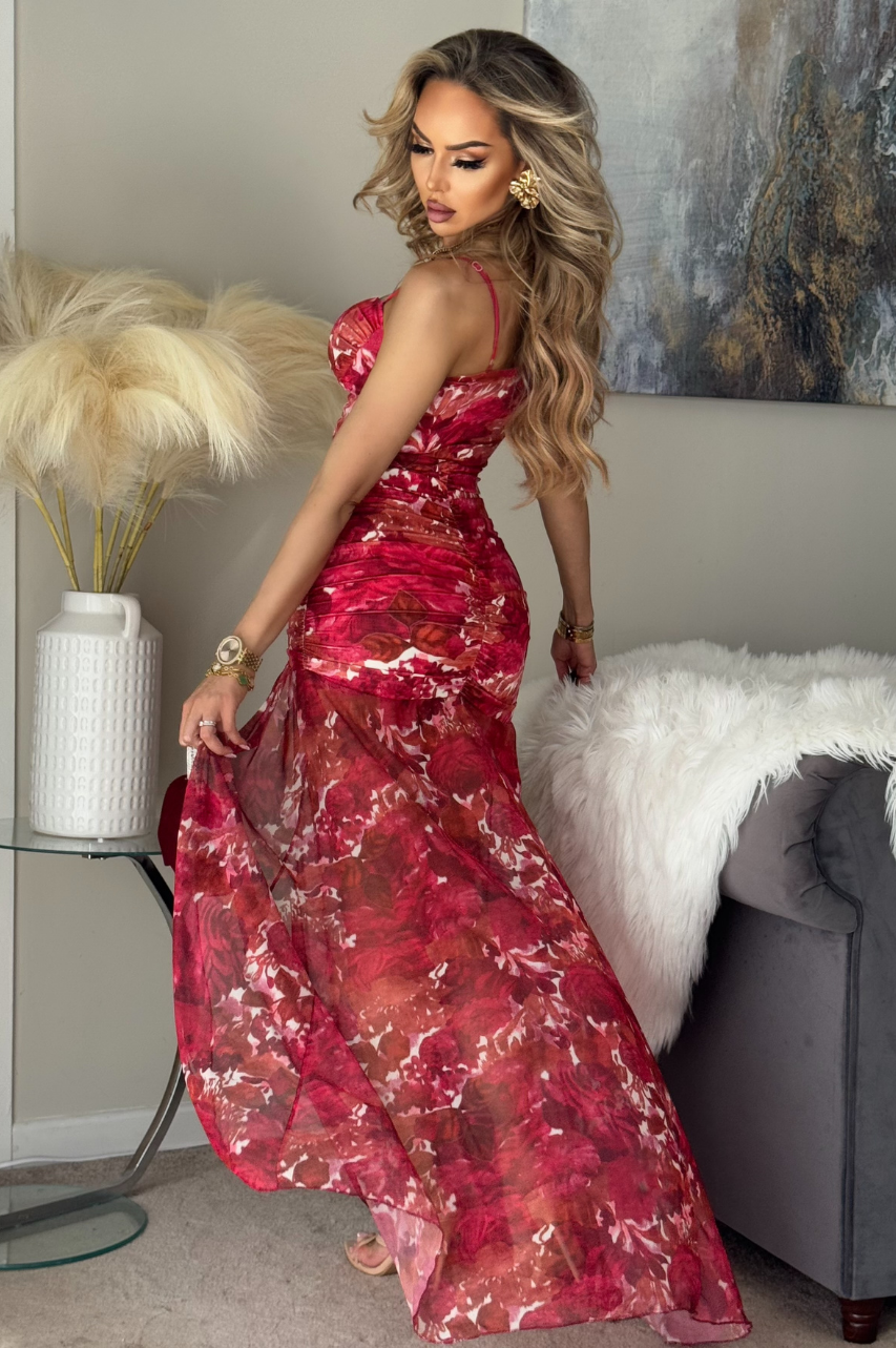 Fortuna Vestido Largo Floral Rojo en lycra y tul con abertura lateral