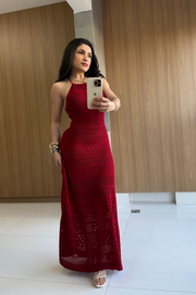 Carol Vestido Exclusivo en Hilo Largo color Rojo oscuro Espalda semi descubierta