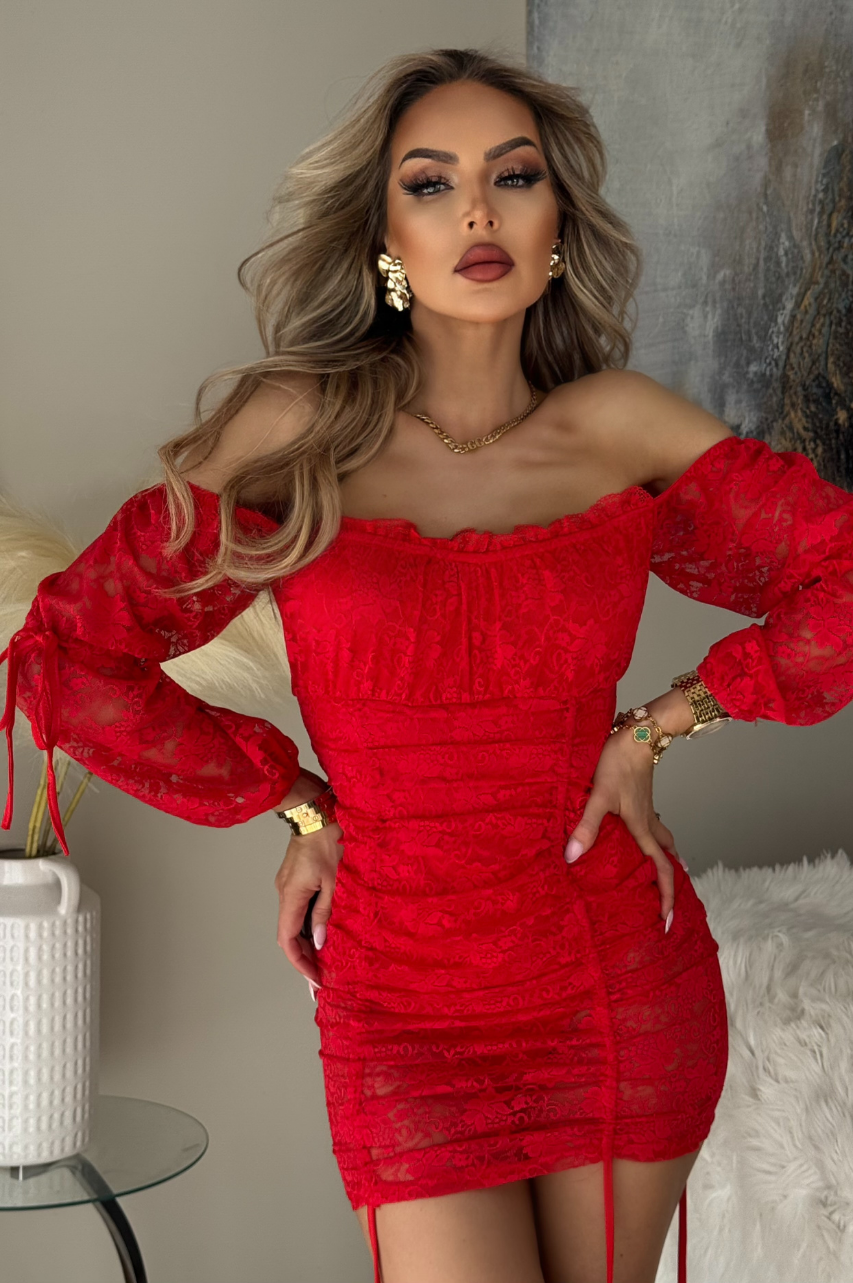 Susanna Vestido Rojo corto con escote bardot, manga larga y transparencias