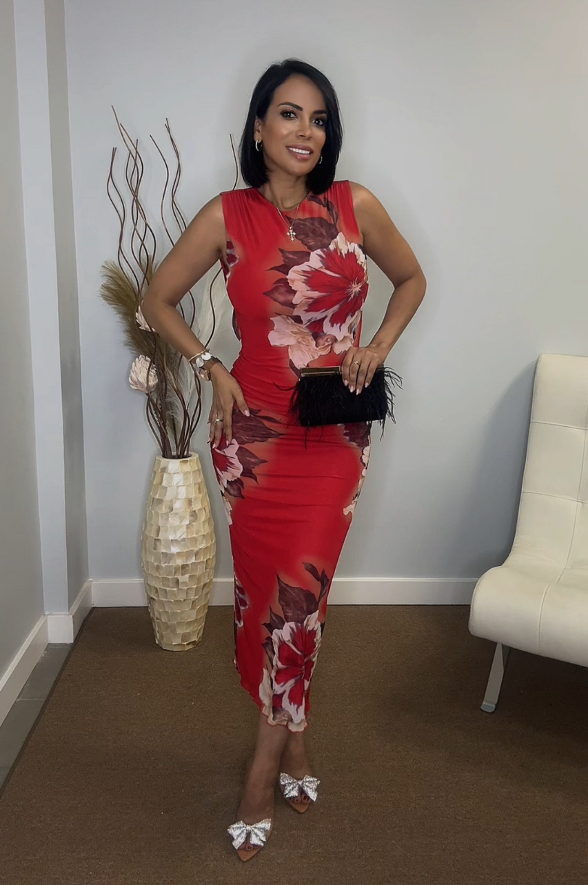 Vestido Elen midi de Tul color Rojo con espalda descubierta