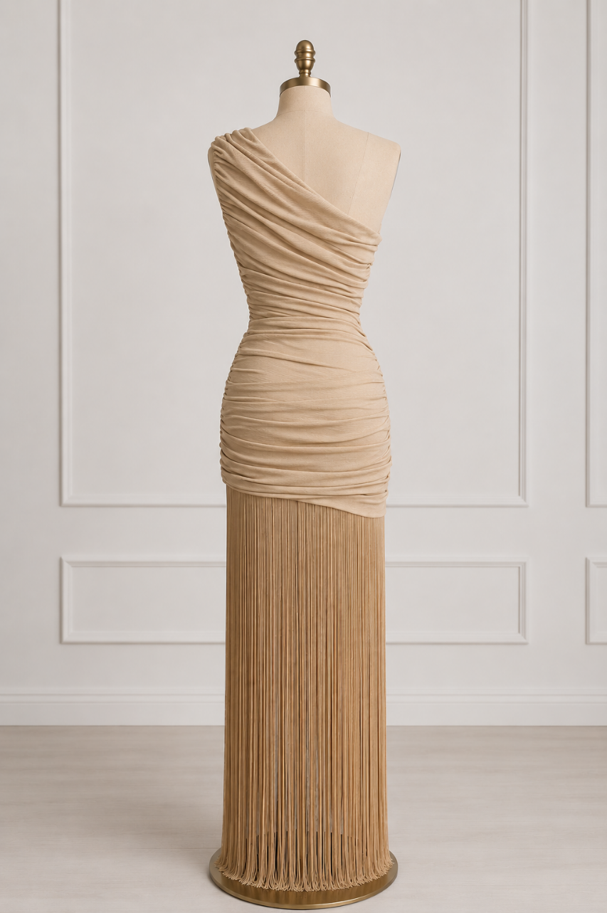 Vestido Lujo Lorena Asimétrico de Flecos
