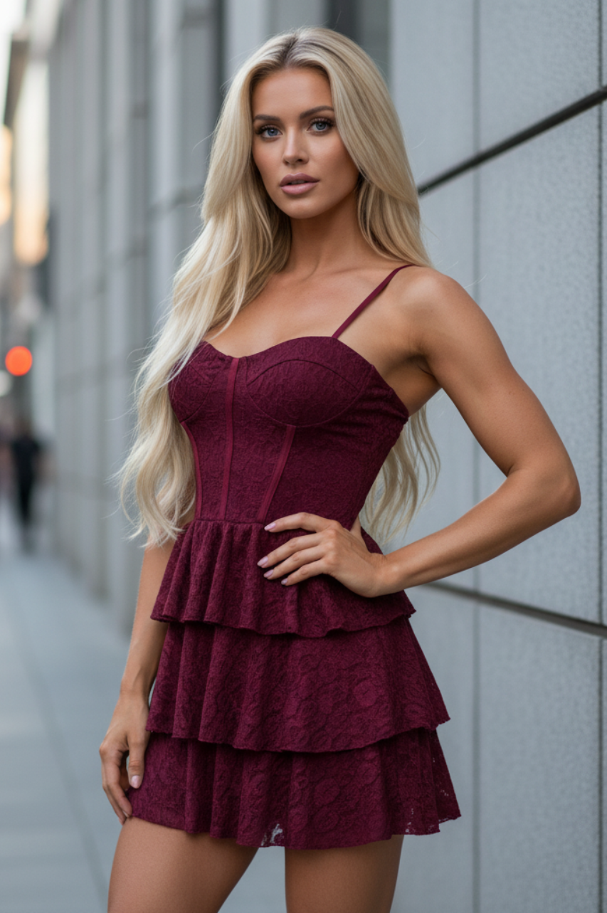 Franciny Vestido vino de encaje con volantes y tirante