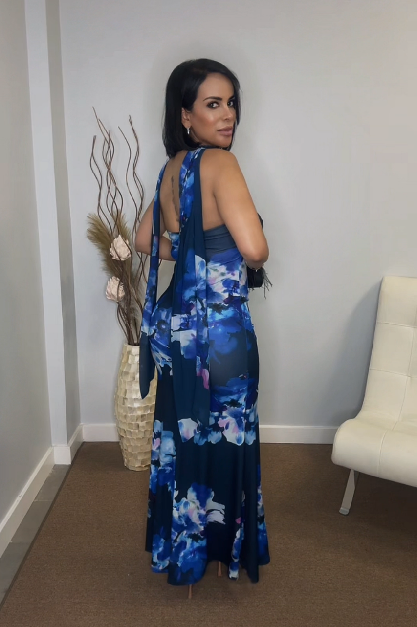 Vestido Ela largo de color Azul con estampado floral
