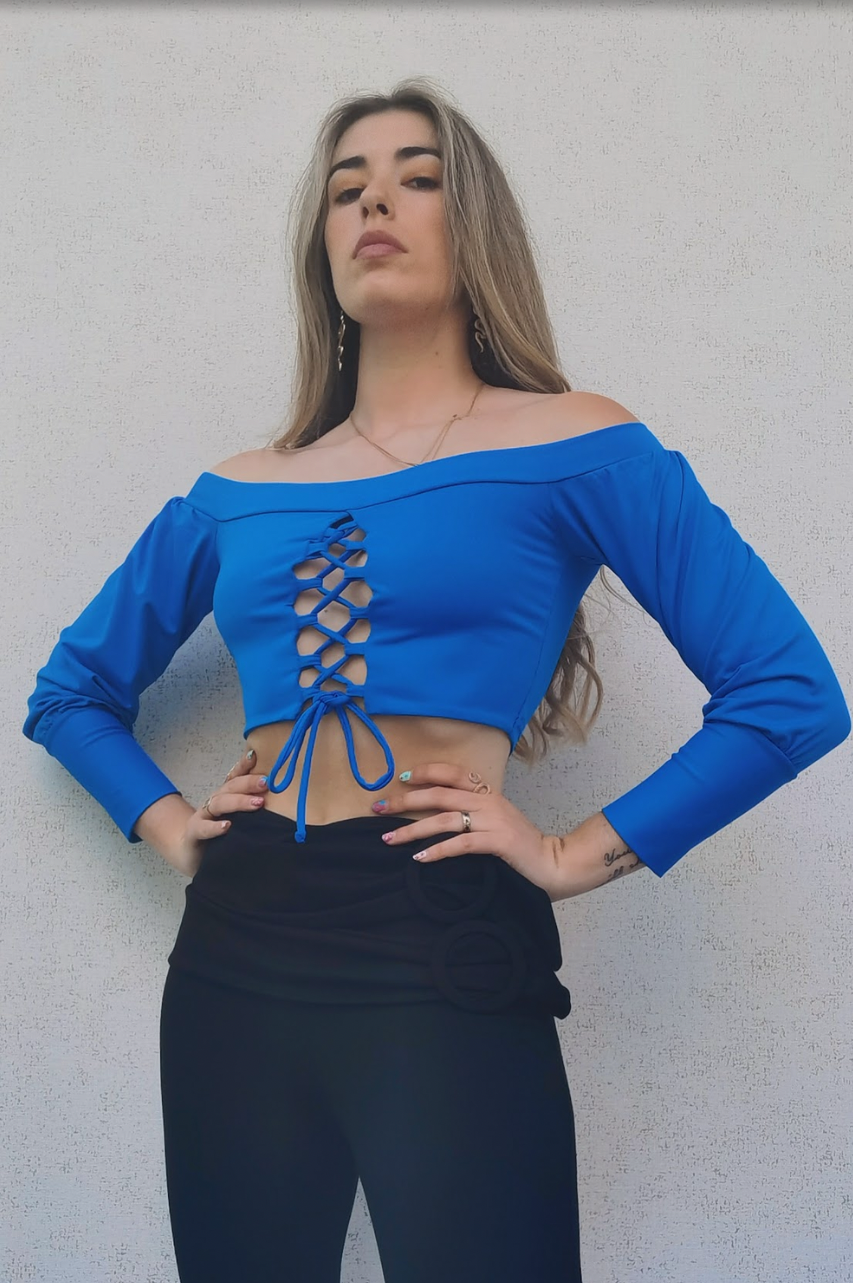 Top Rosanny Azul royal  manga larga con escote cruzado