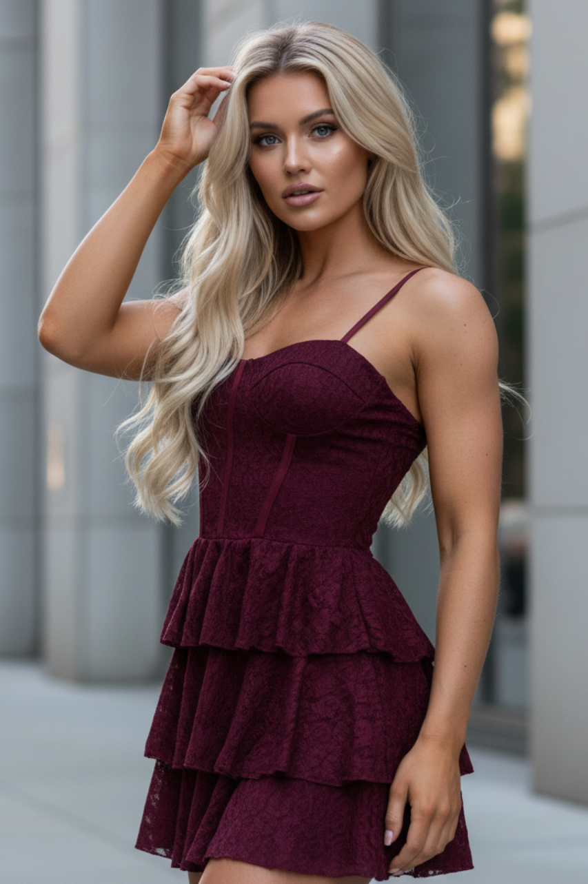 Franciny Vestido vino de encaje con volantes y tirante