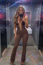 Octavia Mono Largo Marron de Encaje Forrado de Lycra y Escote Profundo