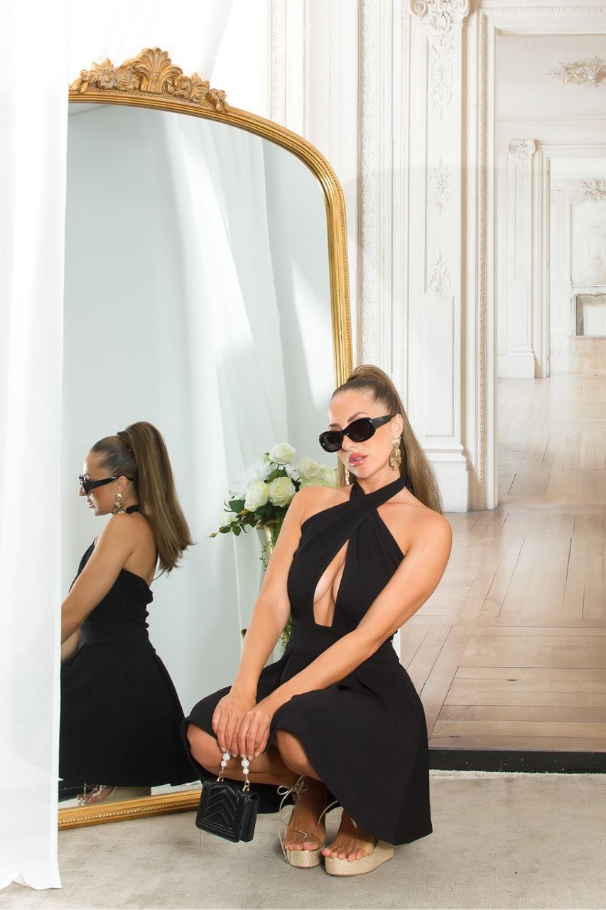 Vestido Jazmín negro Corto con escote cruzado y espalda semi descubierta