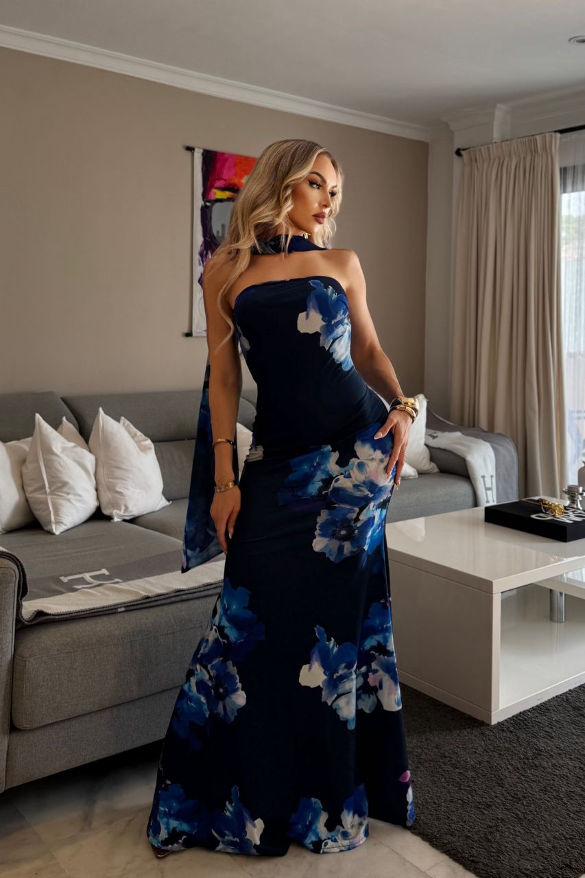 Vestido Ela largo de color Azul con estampado floral