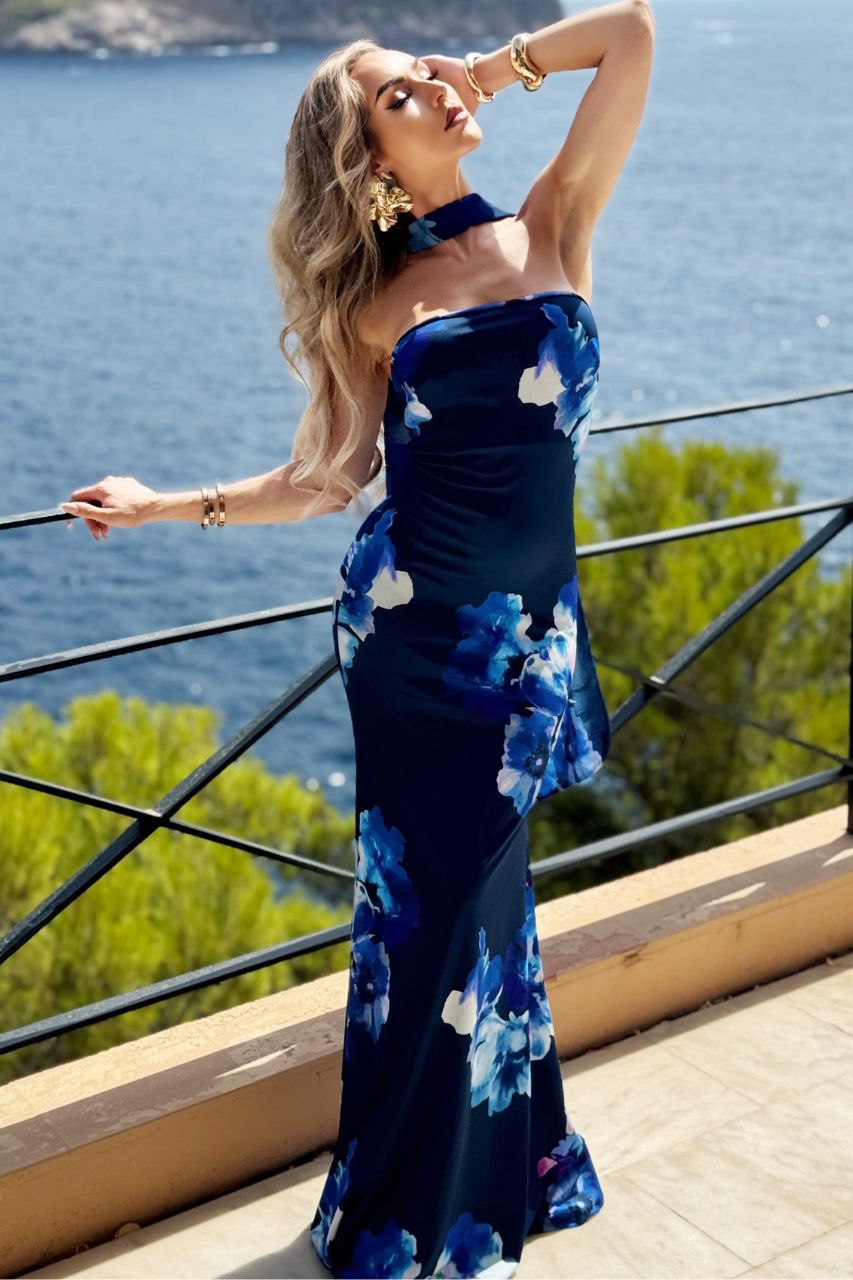 Vestido Ela largo de color Azul con estampado floral