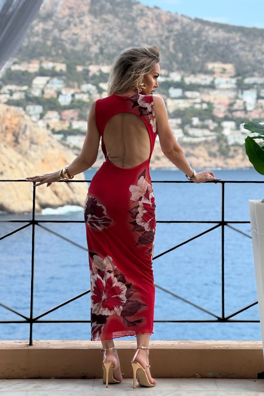 Vestido Elen midi de Tul color Rojo con espalda descubierta