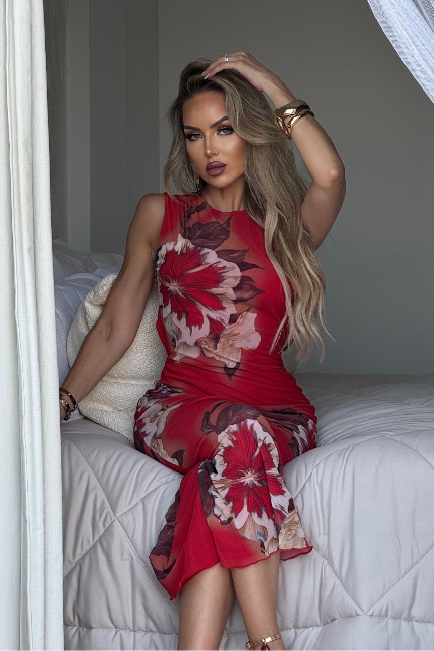 Vestido Elen midi de Tul color Rojo con espalda descubierta