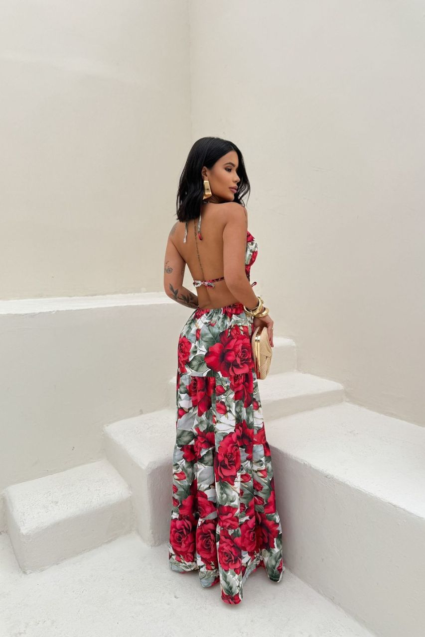 Daniela Vestido Largo estampado floral rojo con Escote y espalda semi descubierta