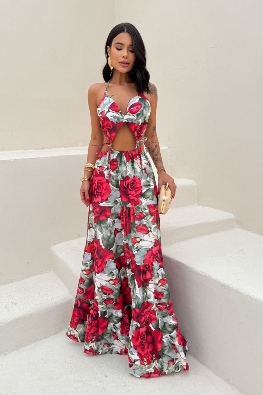 Daniela Vestido Largo estampado floral rojo con Escote y espalda semi descubierta