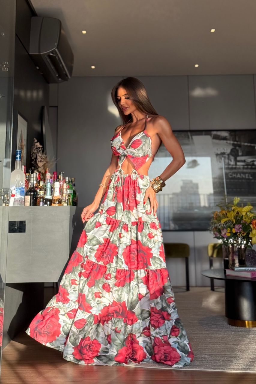 Daniela Vestido Largo estampado floral rojo con Escote y espalda semi descubierta