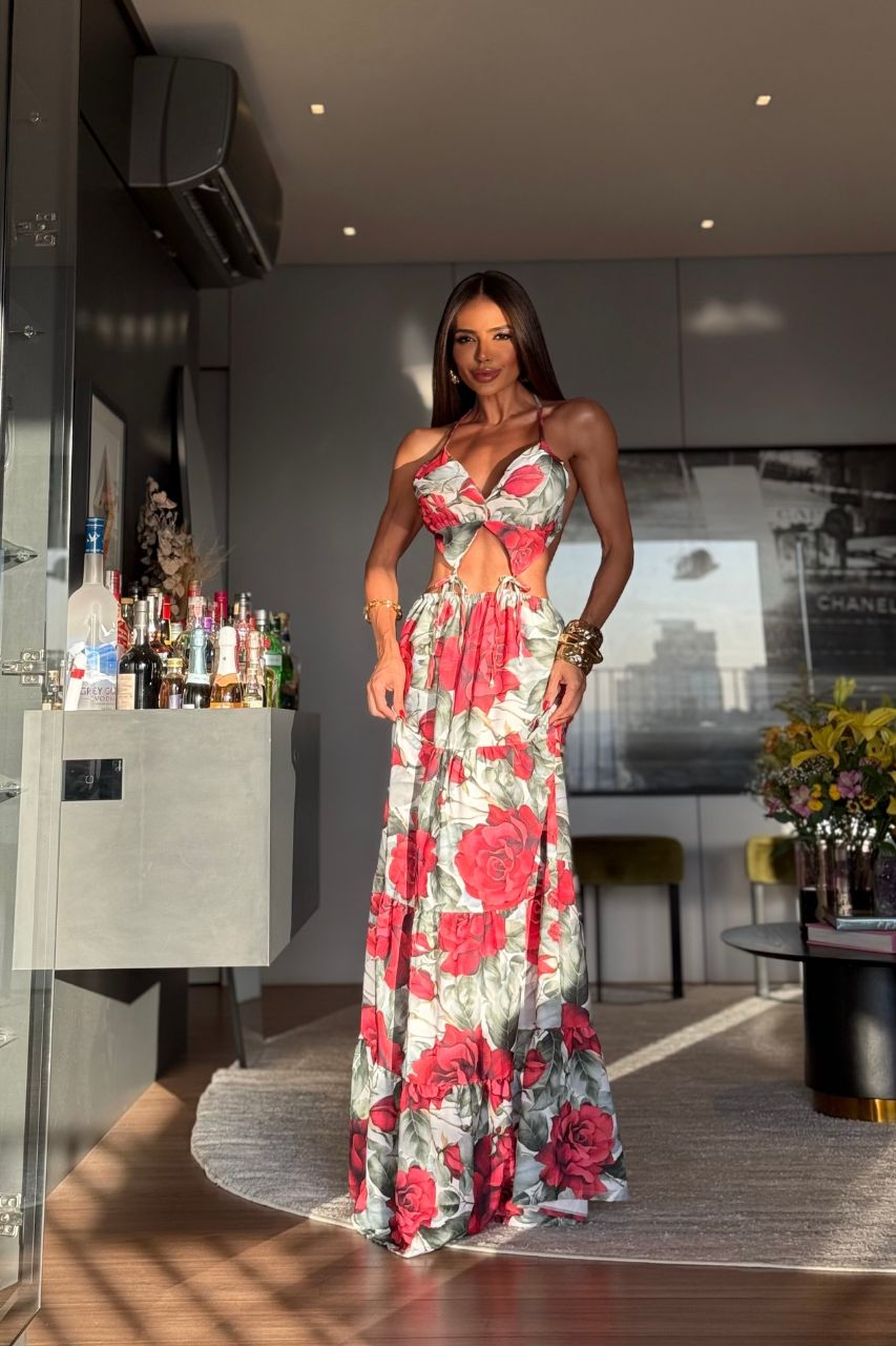 Daniela Vestido Largo estampado floral rojo con Escote y espalda semi descubierta