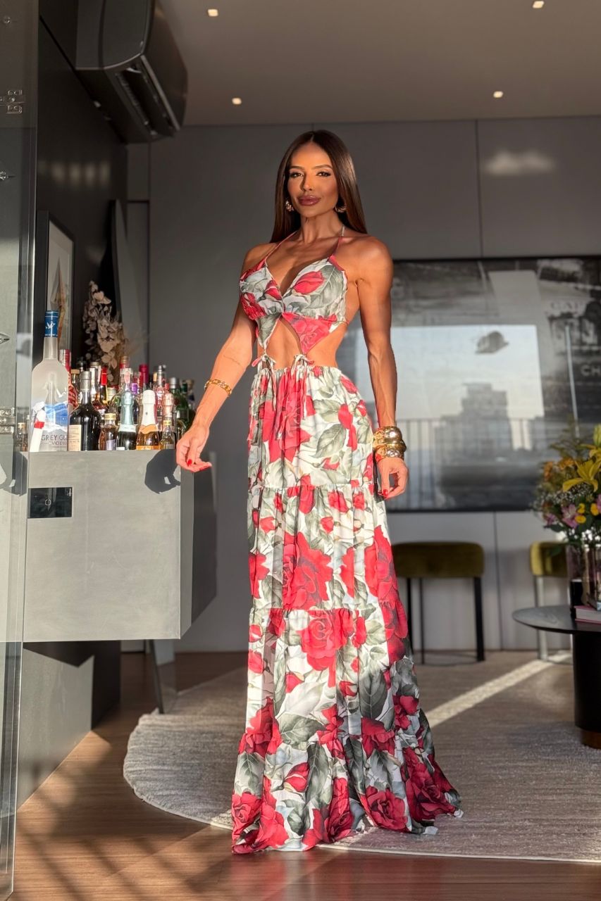 Daniela Vestido Largo estampado floral rojo con Escote y espalda semi descubierta