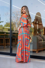 Kaia Vestido largo estampado con escote profundo y mangas 3/4