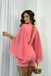 Topaz  Mono Corto Coral Escote Profundo con Mangas Capa y Cinturón