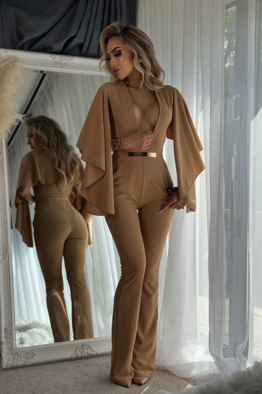 Viviana Mono Largo Beige con escote en V y mangas colgantes
