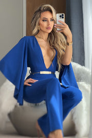 Viviana Mono Largo Azul con escote en V y mangas colgantes