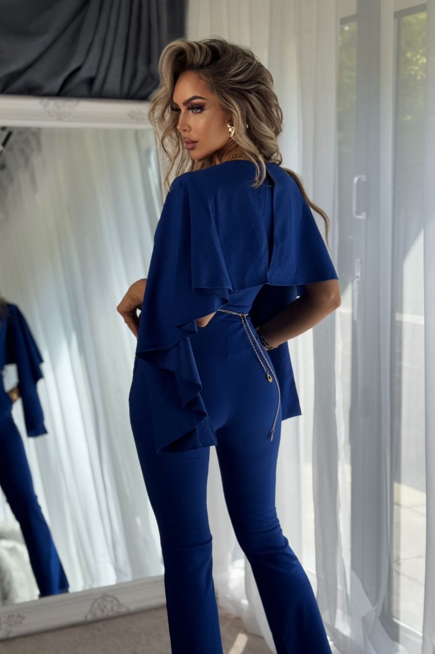 Viviana Mono Largo Azul con escote en V y mangas colgantes