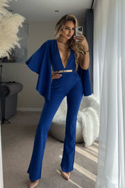 Viviana Mono Largo Azul con escote en V y mangas colgantes