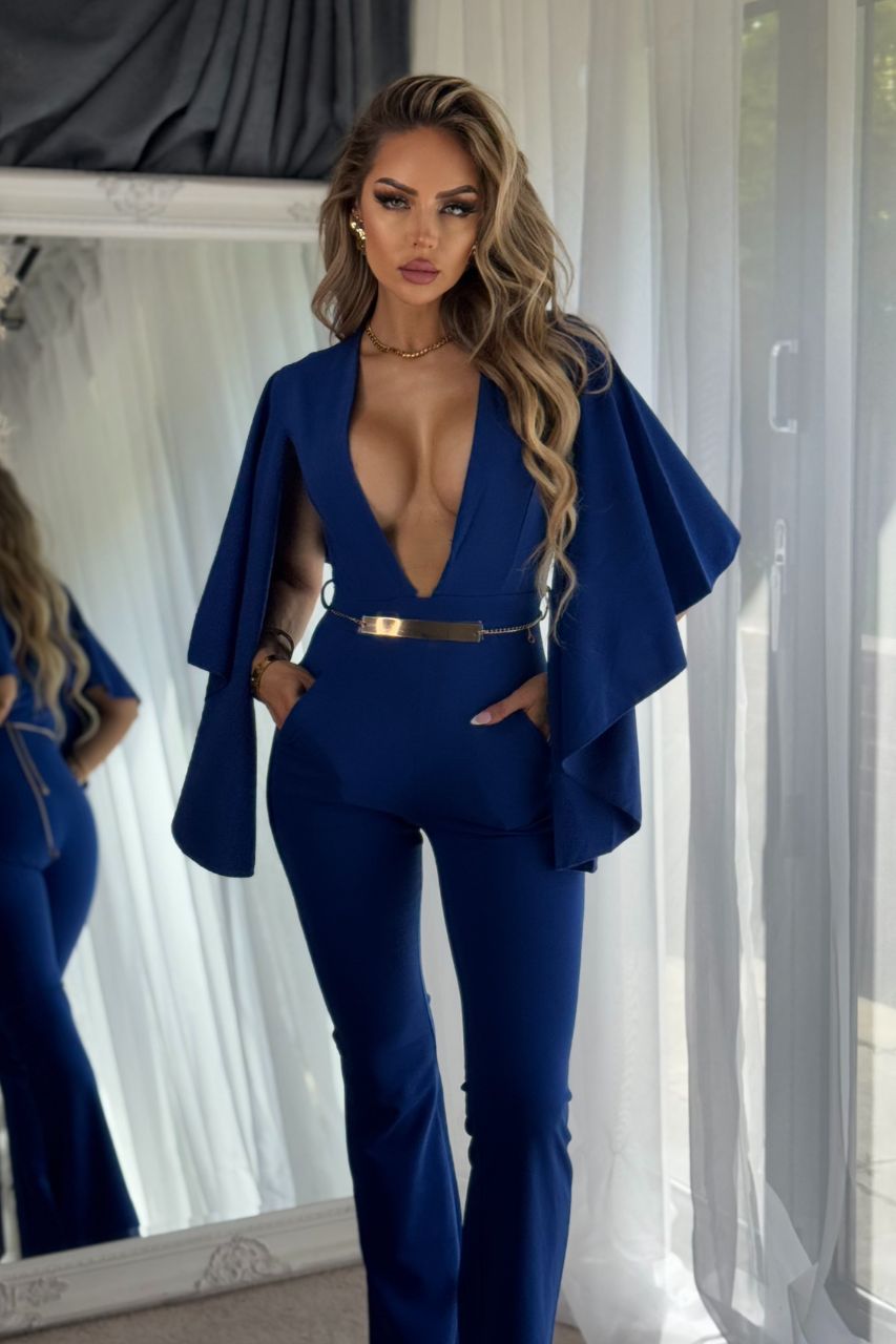 Viviana Mono Largo Azul con escote en V y mangas colgantes