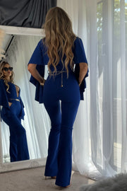 Viviana Mono Largo Azul con escote en V y mangas colgantes