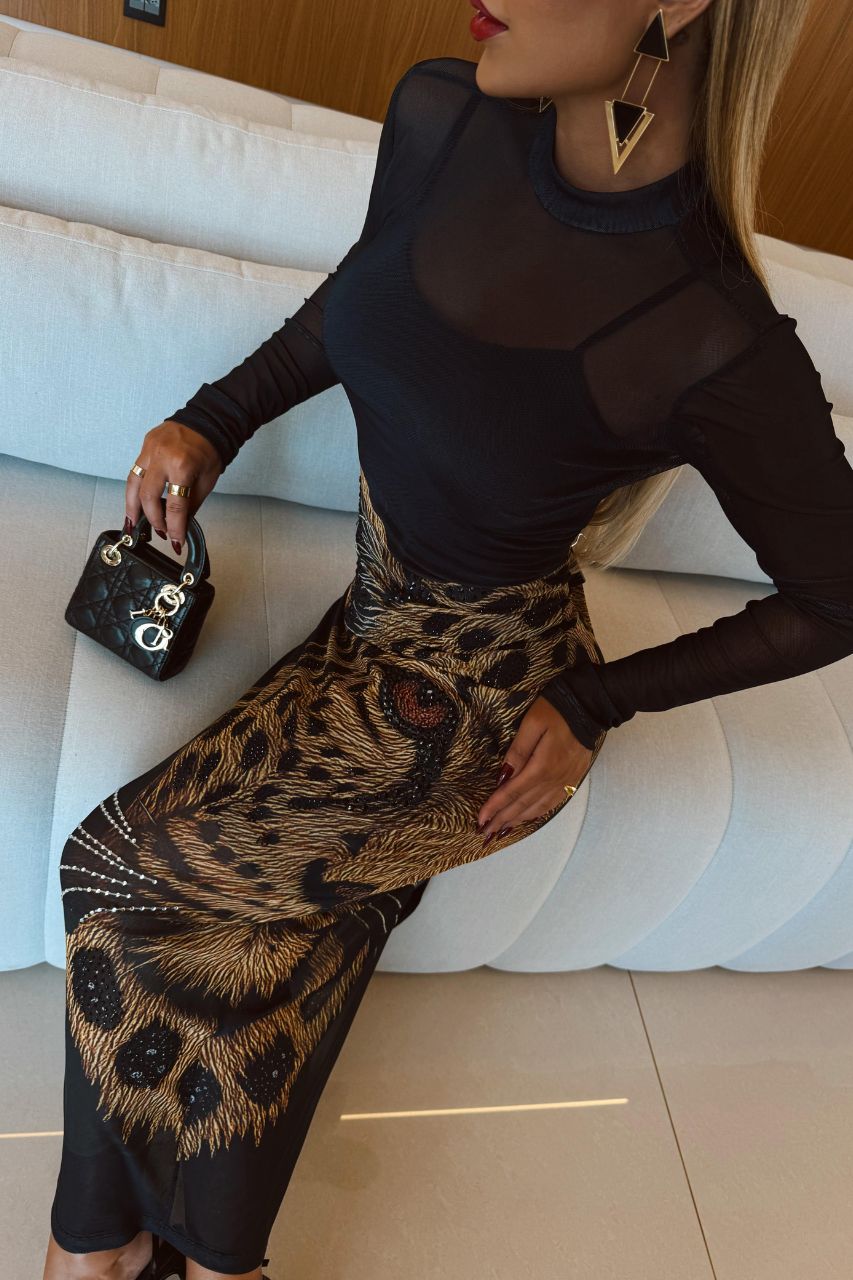 Vestido Largo Suzy Negro manga larga con diseño de leopardo