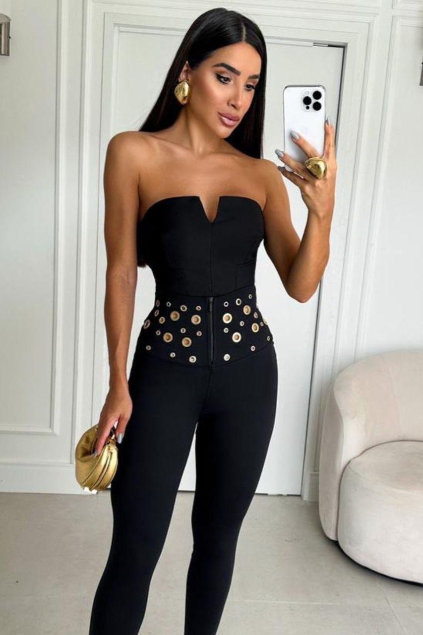 Pantalón Valery Negro con detalles dorados y cremallera