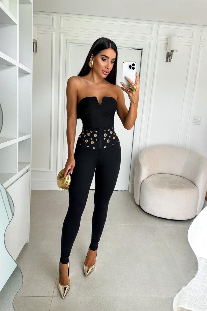 Pantalón Valery Negro con detalles dorados y cremallera