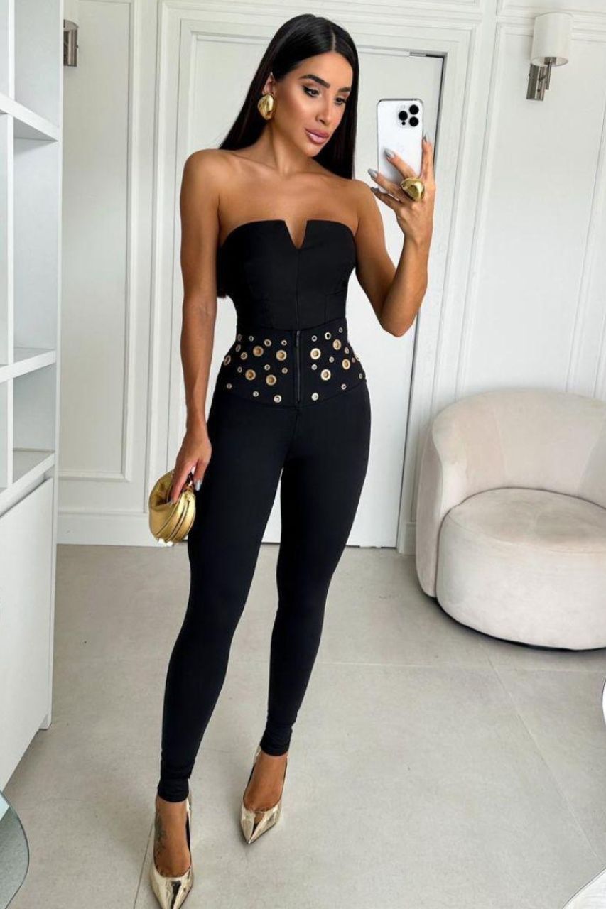 Pantalón Valery Negro con detalles dorados y cremallera