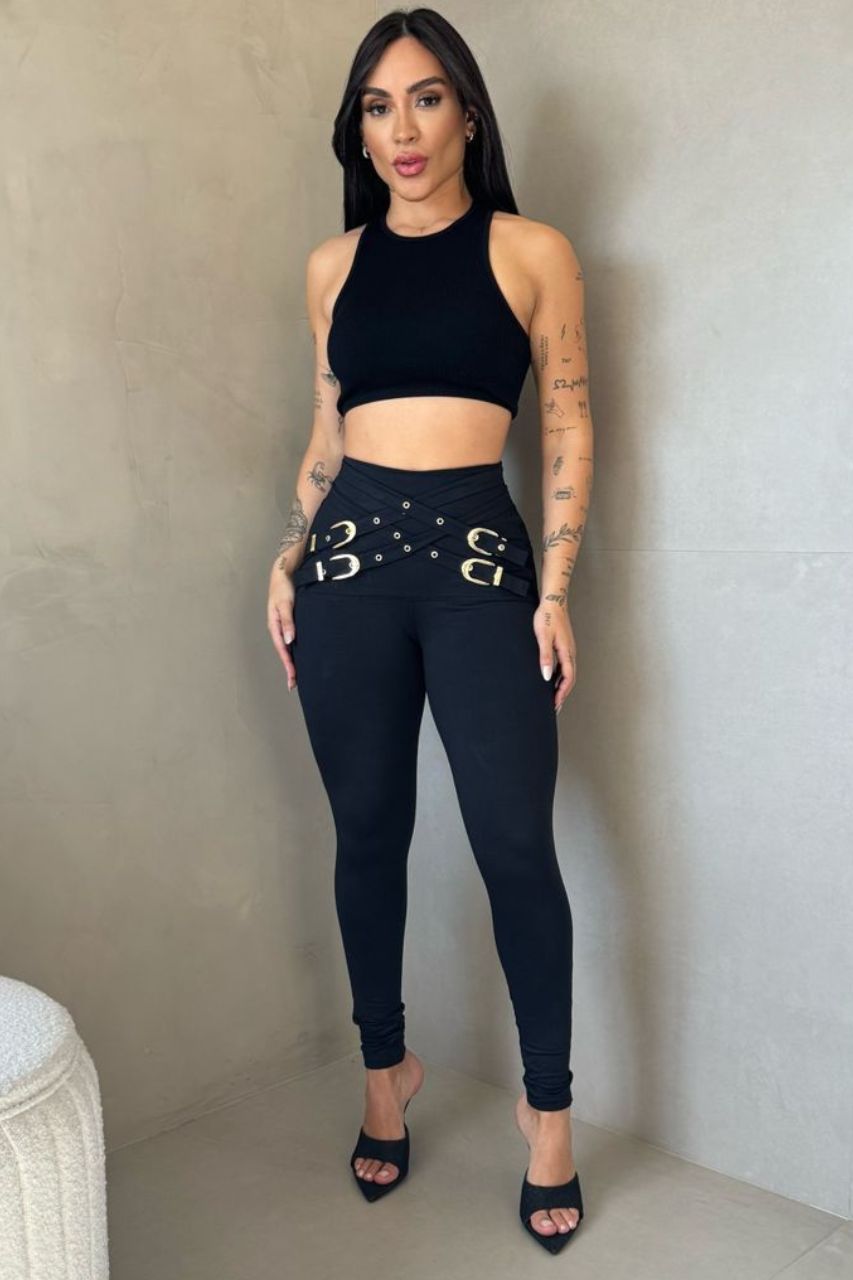 Pantalón Bethy Negro con detalle cinturón entrecruzado