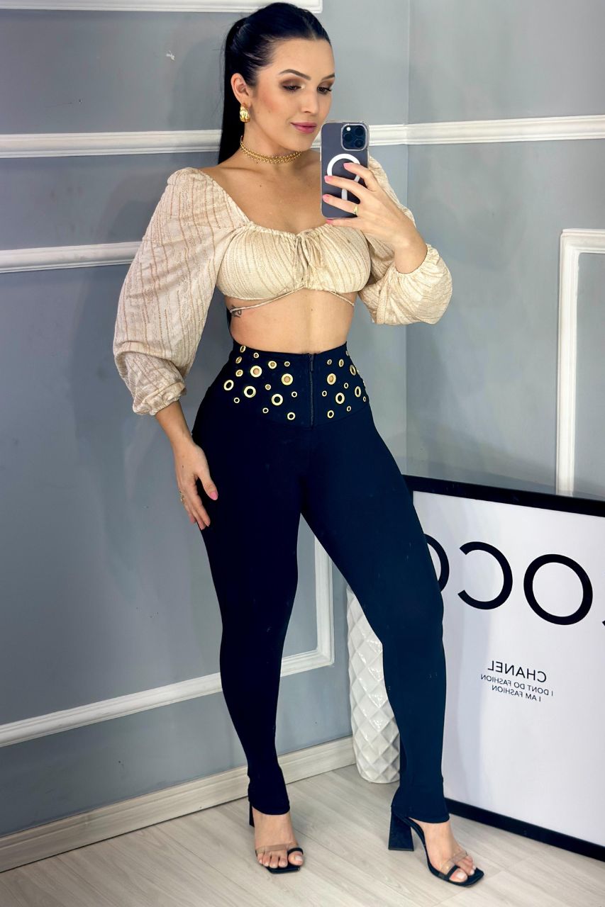 Pantalón Valery Negro con detalles dorados y cremallera