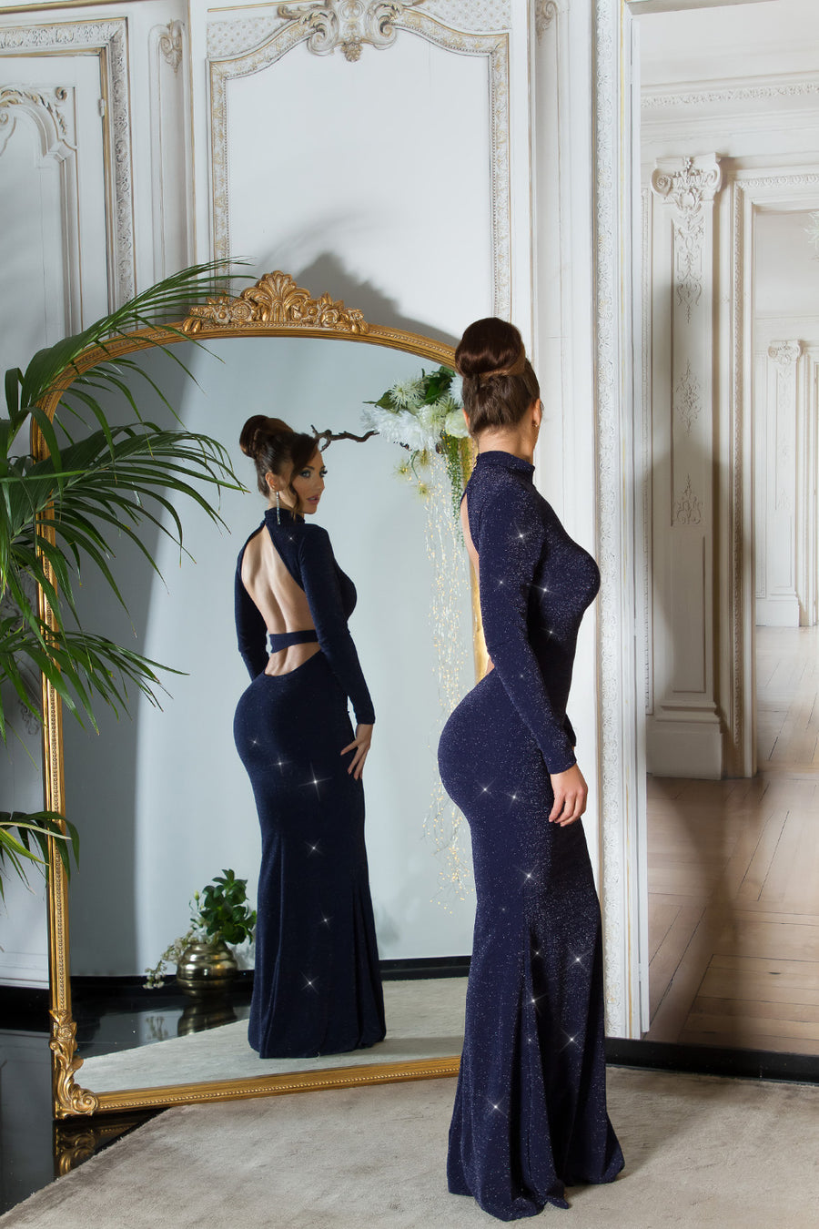 Ioana Vestido Largo Lurex Azul Marino con Espalda descubierta