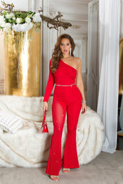 Mono Sandra Rojo de una Manga y Detalle de Tul Brillo