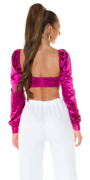 Top corto Clara manga larga Fucsia con Escote Fruncido