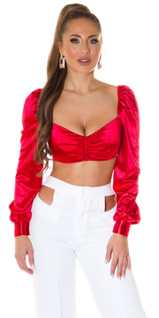 Top corto Clara manga larga Rojo con Escote Fruncido
