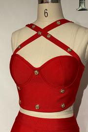 Conjunto  Bandage Vania Rojo Royal de Top y Falda con Adorno de Botones Dorado (Copia)