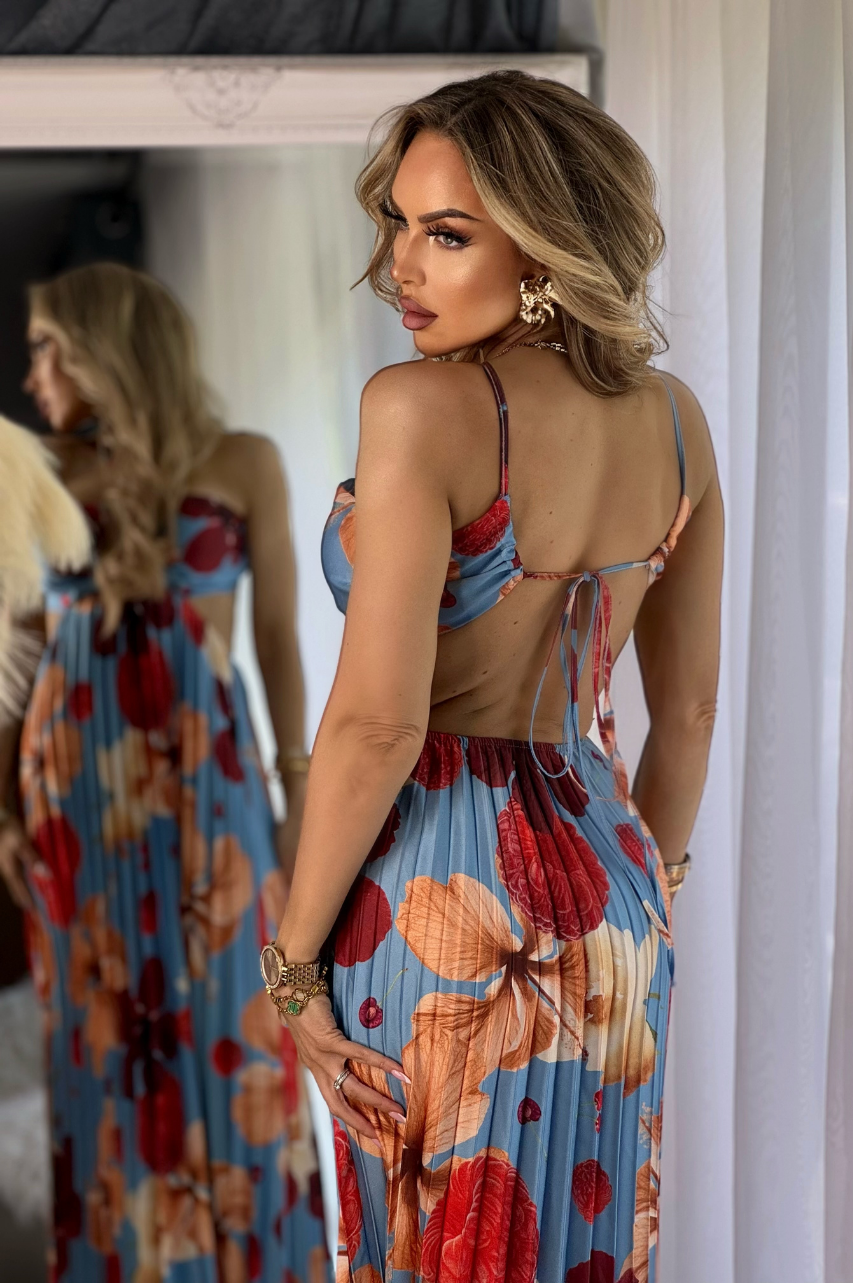 Giada Vestido Largo Azul Tropical de Tela Plinsada con Espalda Descubierta