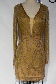 Vestido Fortuna Dorado Bordado con Pedrería  Manga Larga & Escote Profundo