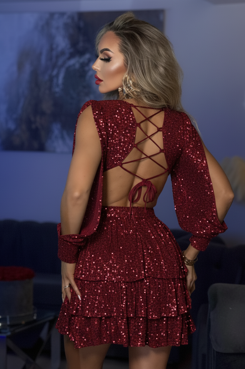 Vestido Elena Granate Lentejuelas & Volantes, Elegancia en Movimiento