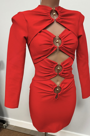 Vestido Bandage Altagracia rojo con mangas largas y escote