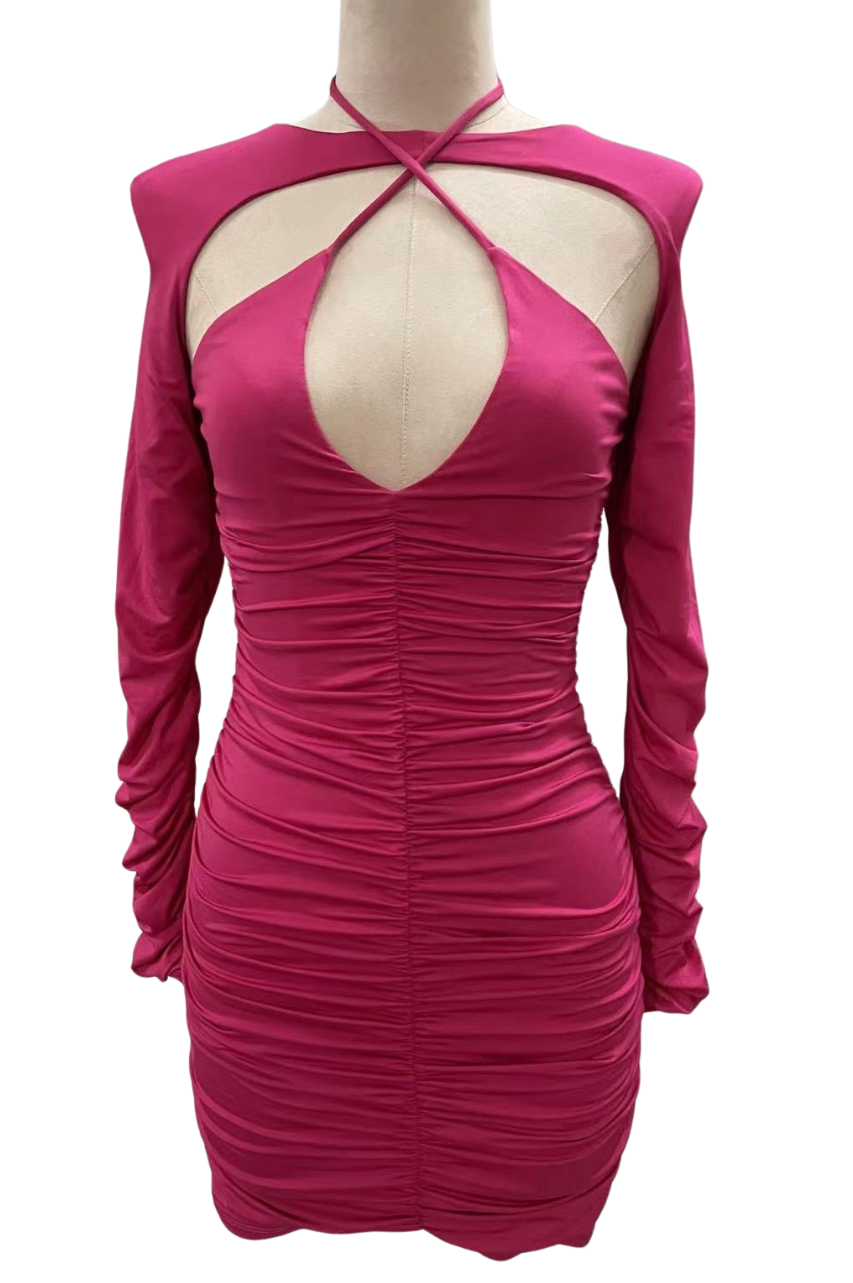 Aurora Vestido Fucsia Fruncido de Mangas Largas