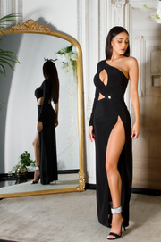 Vestido Isadora Hecho en Lycra Negro con Manga Única y Fenda Profunda