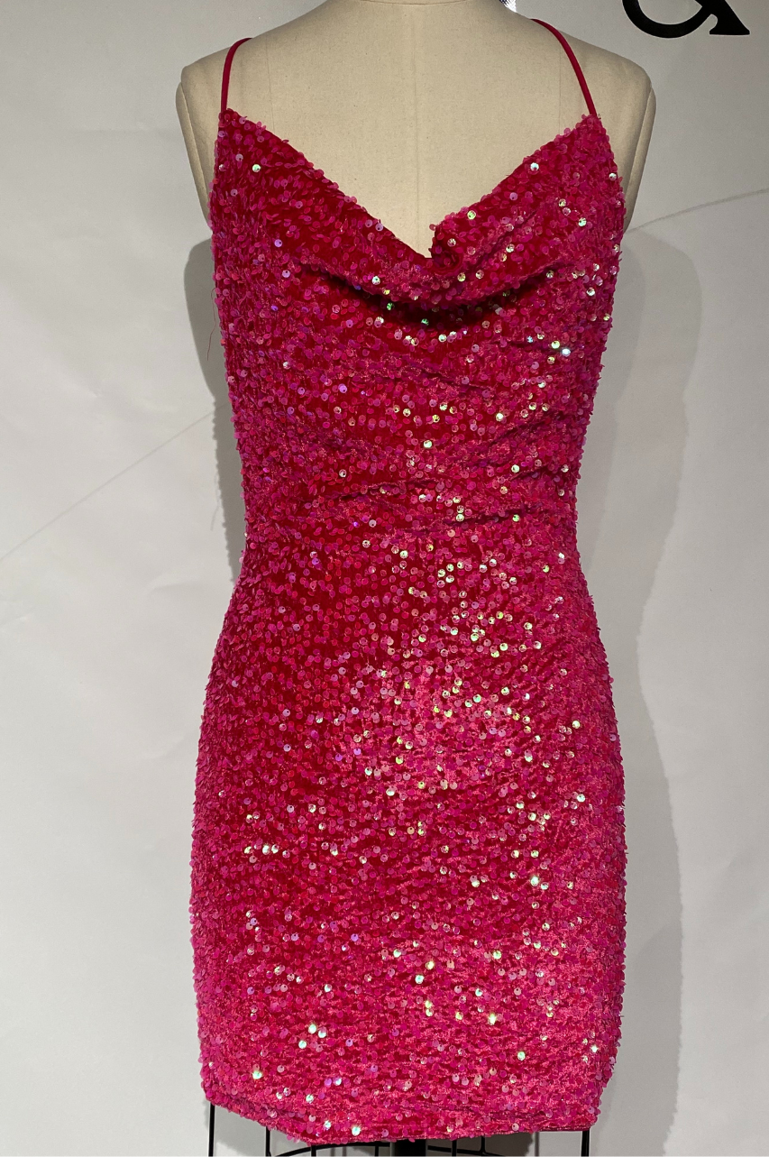 Vestido Bianca Fucsia de Terciopelo con Lentejuelas Multicolor