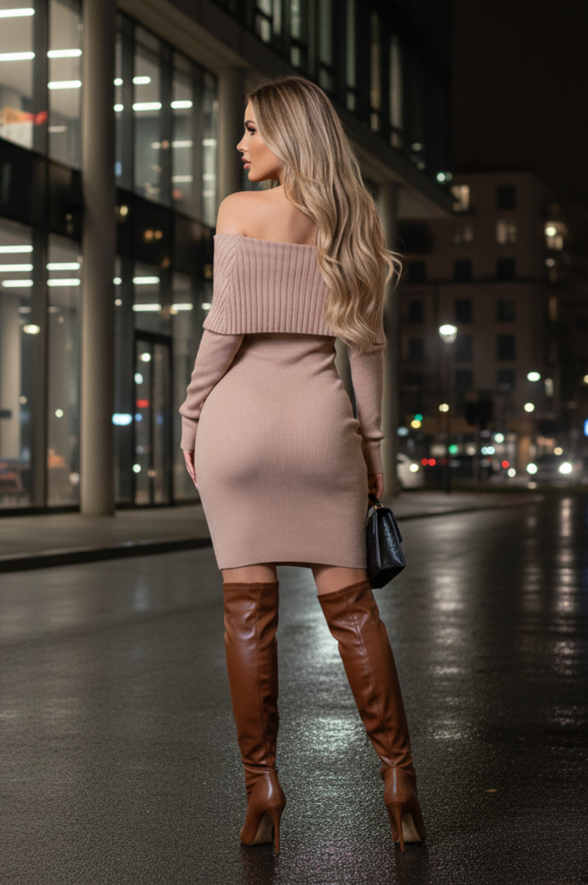 Viena Vestido Beige de Punto manga larga