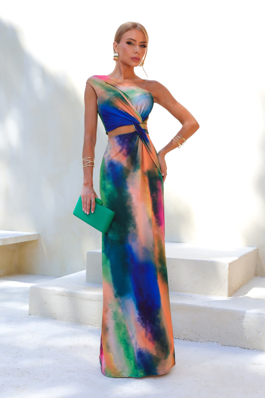 Vestido Aura Largo Diseño Asimétrico con Detalle en la Cintura